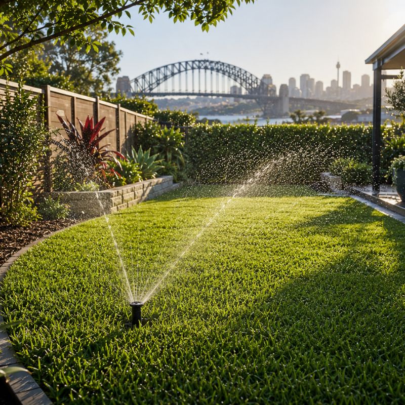 Automatic garden sprinkler watering a Sydney backyard lawn efficiently.