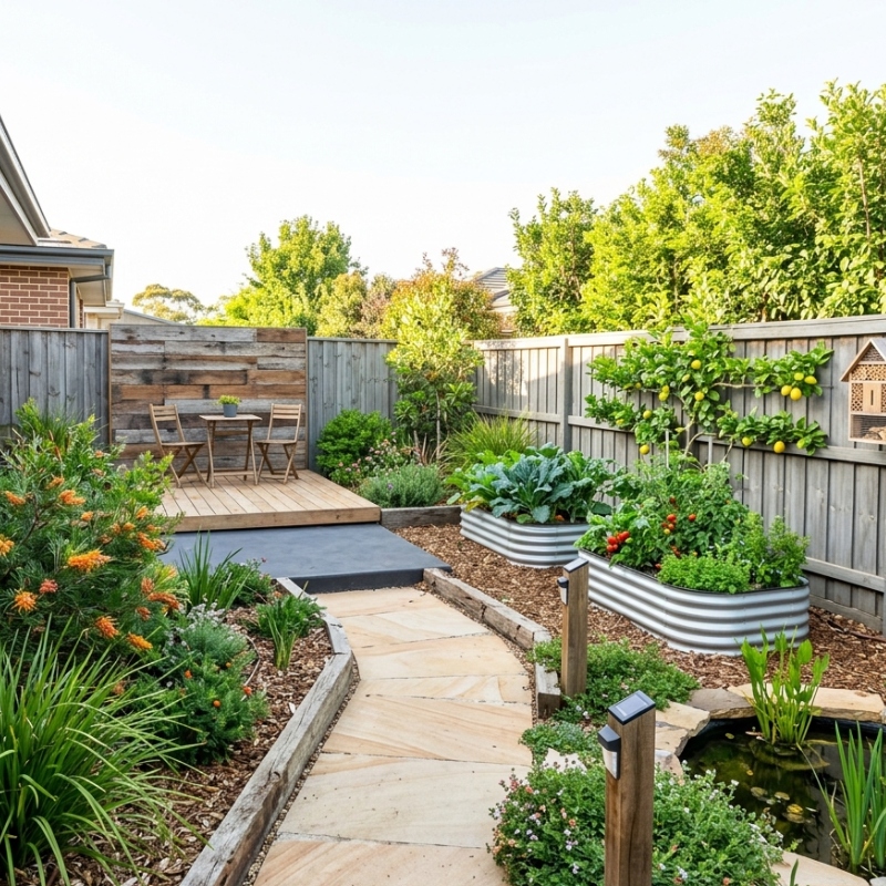 Modern sustainable Sydney backyard featuring native drought-tolerant plants, recycled stone pathways, edible gardens, solar lighting and wildlife-friendly landscaping.