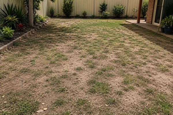 Patchy worn out lawn and bare soil before turf laying