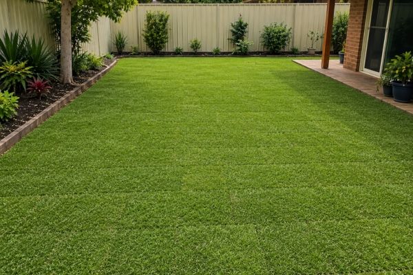 Same yard with fresh healthy turf laid over prepared ground