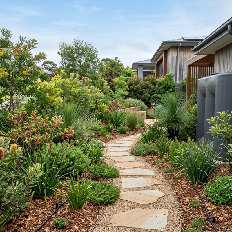 Water-wise Sydney garden with native plants, mulch and efficient drip irrigation.