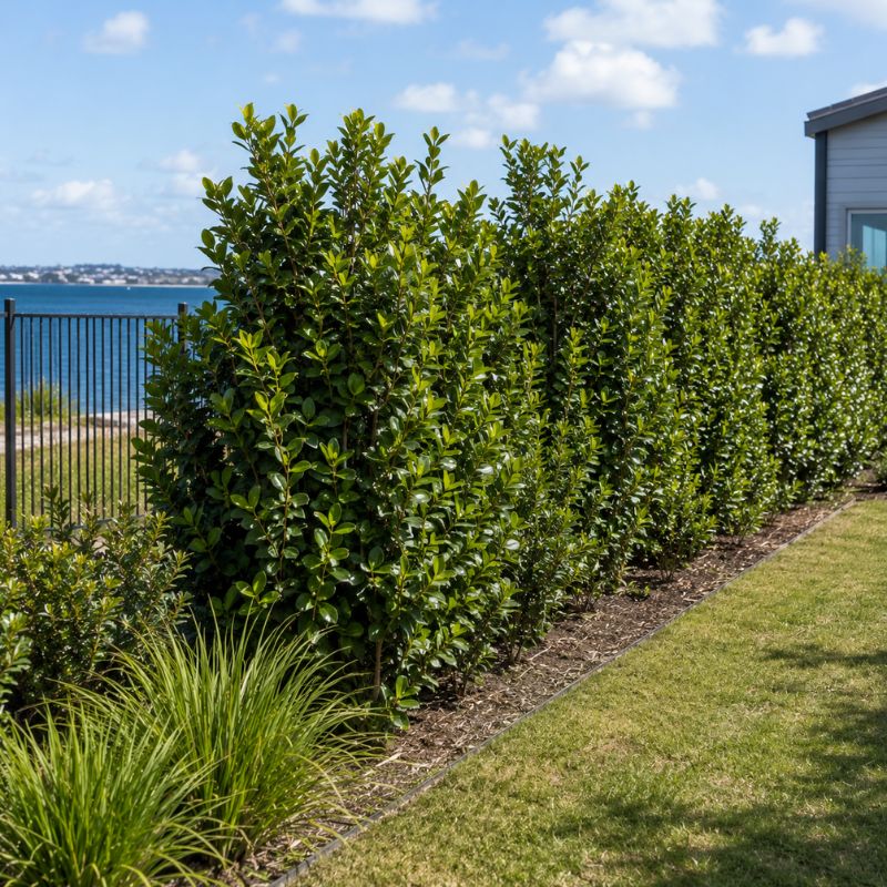Salt-hardy hedge screening an exposed Bayside block