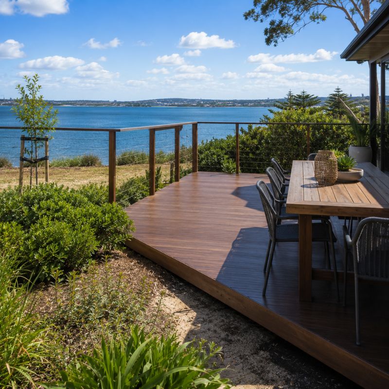 Timber deck with salt-rated fixings facing Botany Bay in Bayside