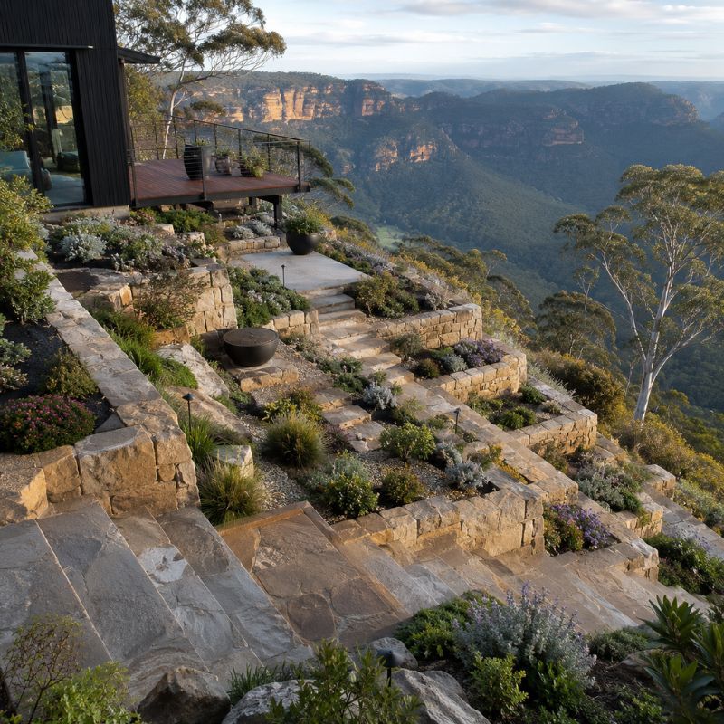 Terraced garden on a steep sandstone escarpment block in the Blue Mountains