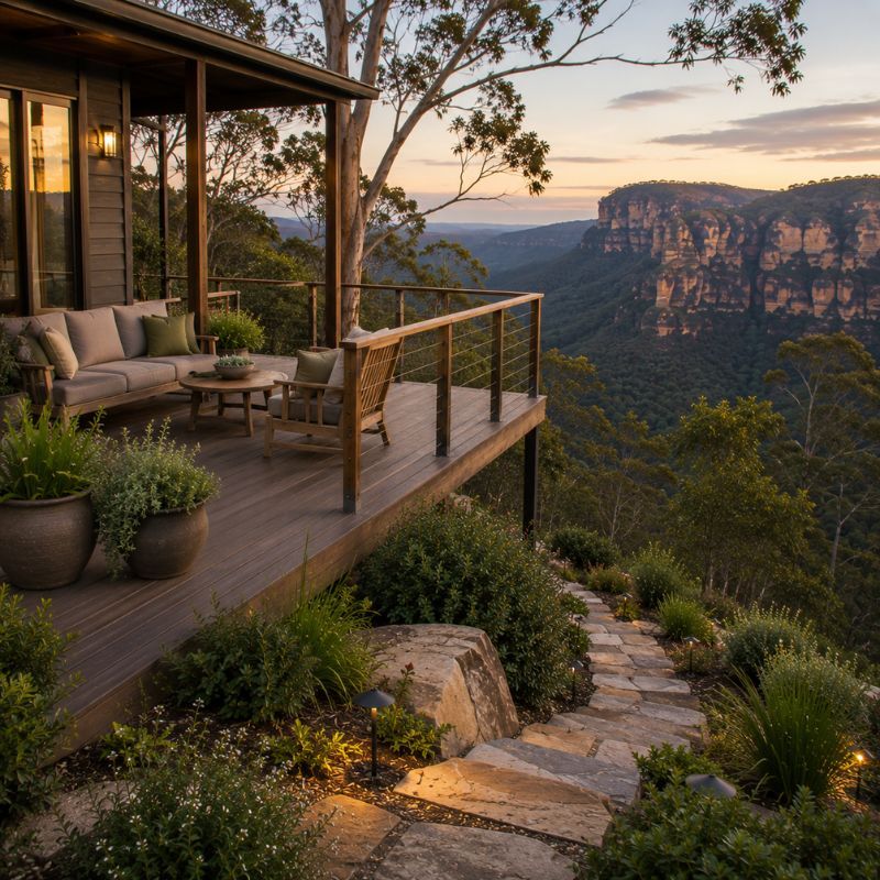 Deck framing a valley view on a steep Blue Mountains block