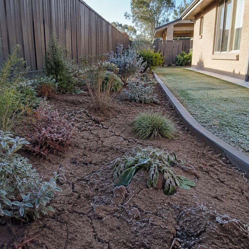 Frost-affected reactive clay garden bed on a Campbelltown block in winter