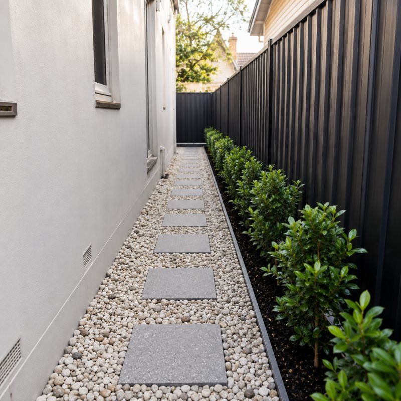 Pebble-finished narrow side passage on a Canterbury block