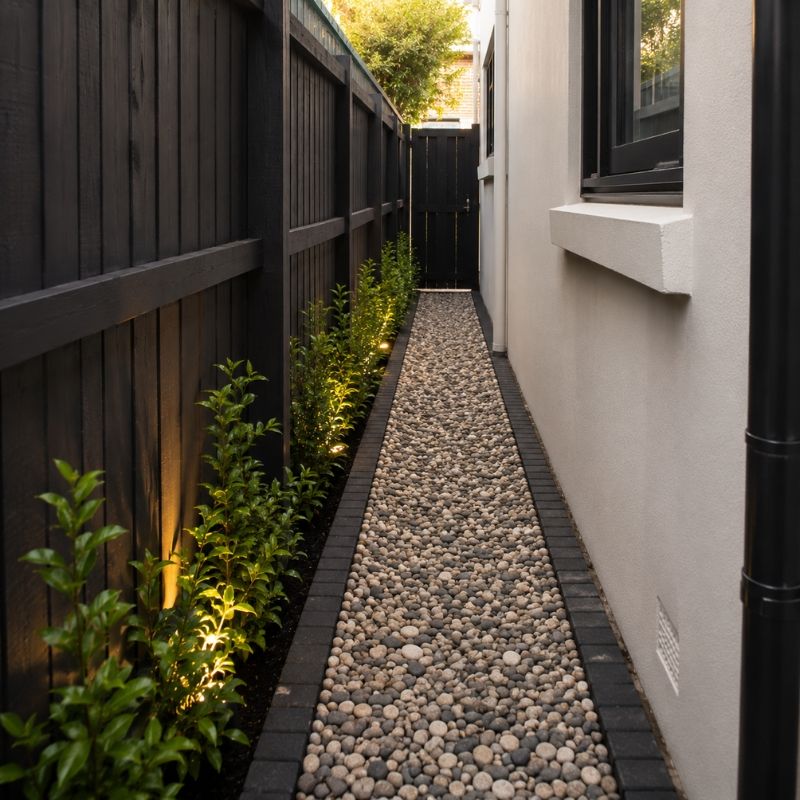 Pebble-finished narrow side passage on an Inner West block
