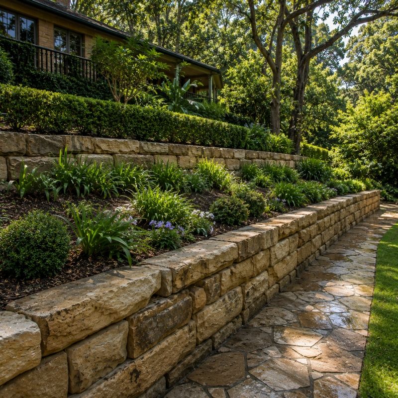 Sandstone retaining wall terracing a large Ku-ring-gai block