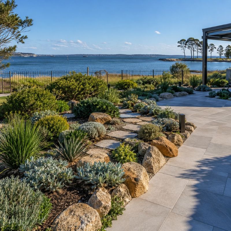 Landscaping Bayside garden with salt-tolerant planting, paving and a Botany Bay outlook on a sandy block