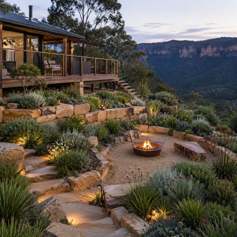 Landscaping Blue Mountains garden with sandstone terracing, a deck and cool-climate fire-aware planting on a steep escarpment block