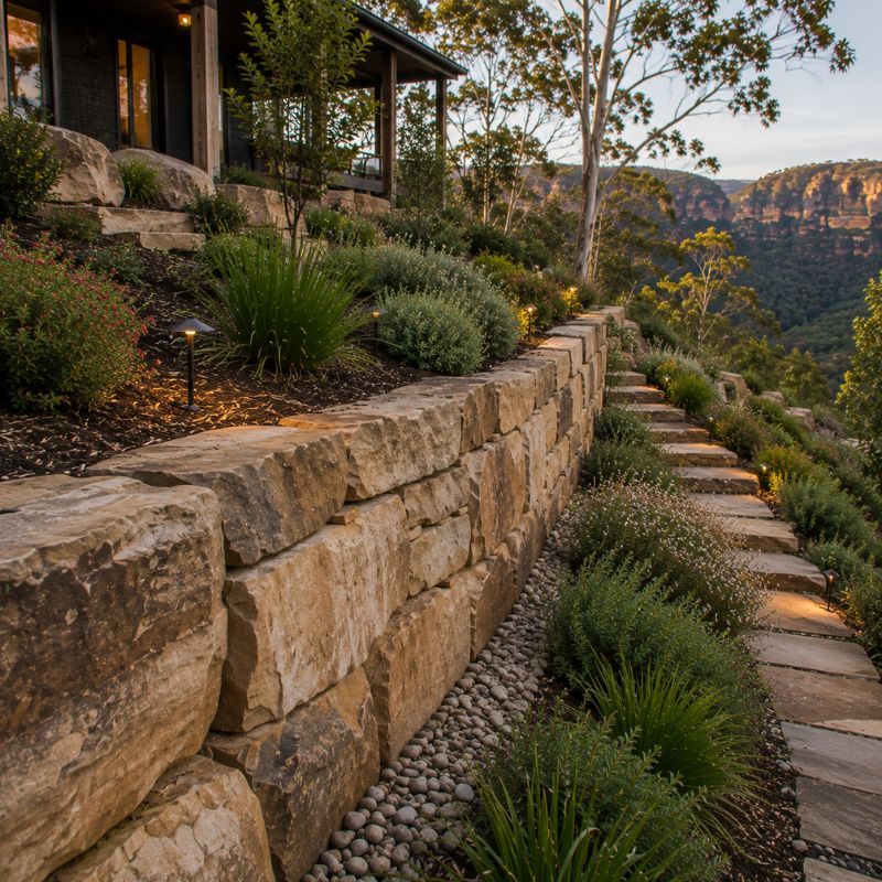 Sandstone retaining wall terracing a steep escarpment block in the Blue Mountains