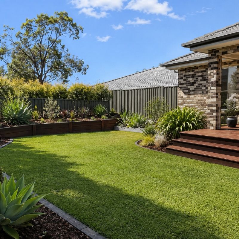 Landscaping Campbelltown backyard with a raised deck, hardy lawn and frost-tolerant planting on a clay block