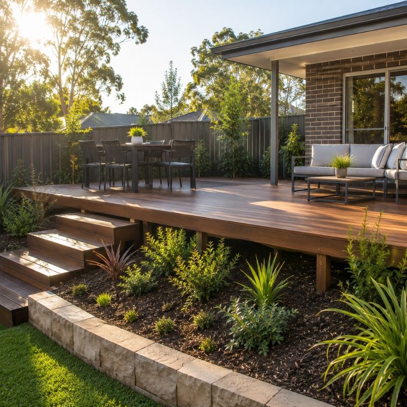 Raised deck above heaving clay catching winter sun on a Campbelltown block