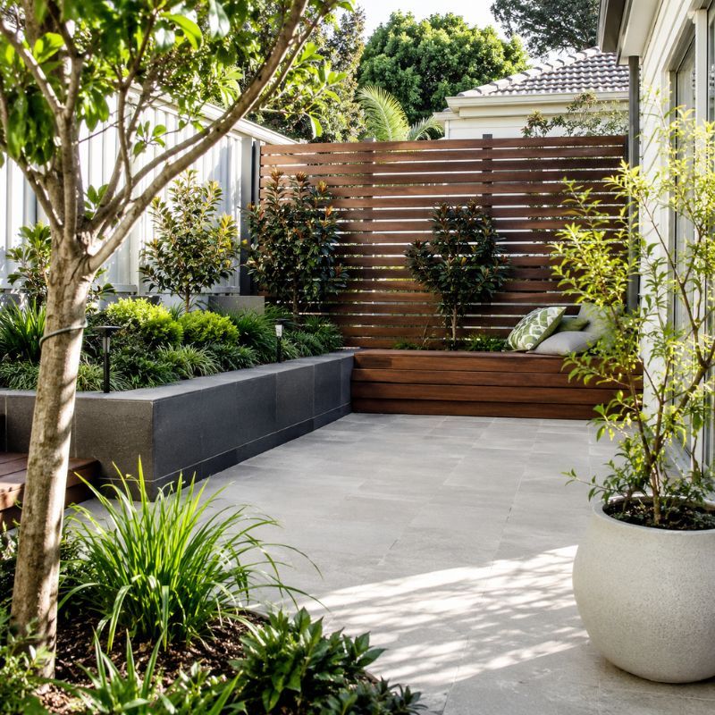 Landscaping Canterbury courtyard with paving, screening and low-maintenance planting on a small established block