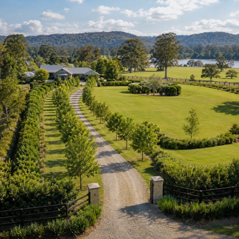 Landscaping Hawkesbury rural acreage garden with a lined drive, screening and open lawn on a river-flat block