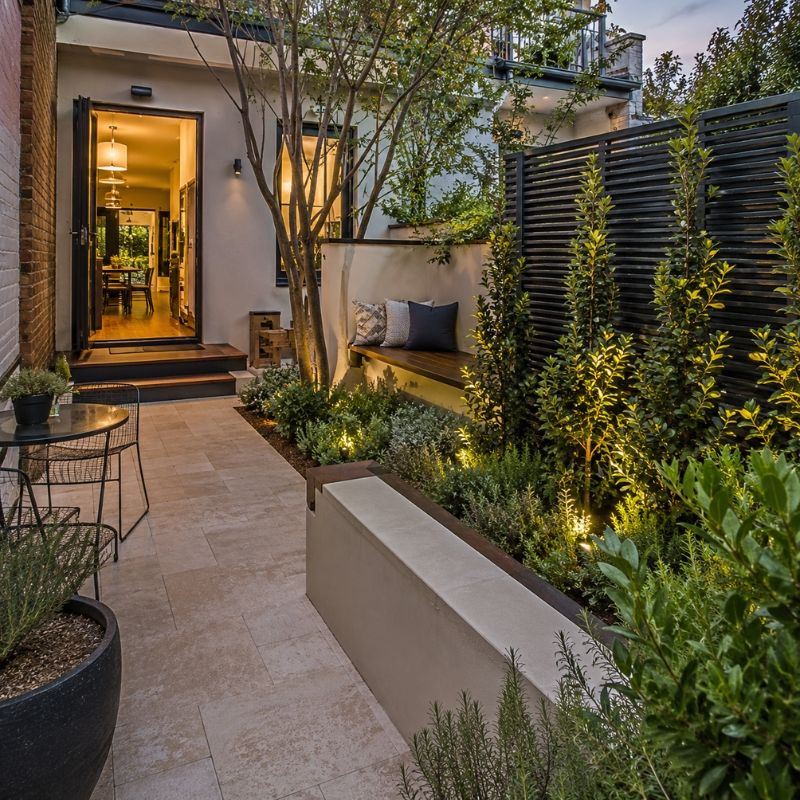 Landscaping Inner West terrace courtyard with paving, screening and low-maintenance planting on a tight character block
