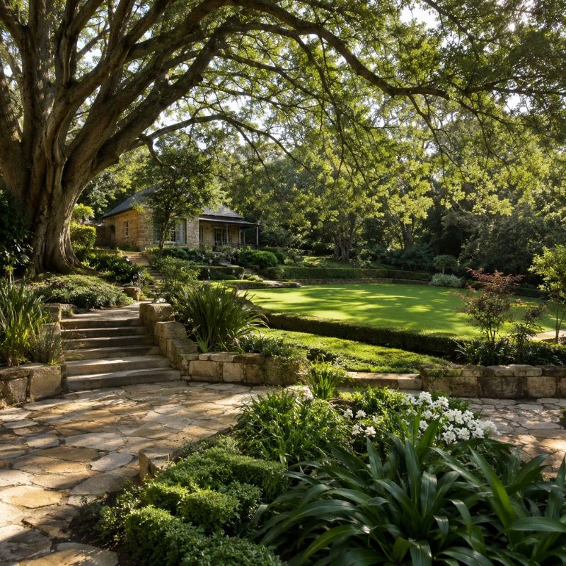 Landscaping Ku-ring-gai large heritage garden with mature canopy, sandstone terracing and structured beds