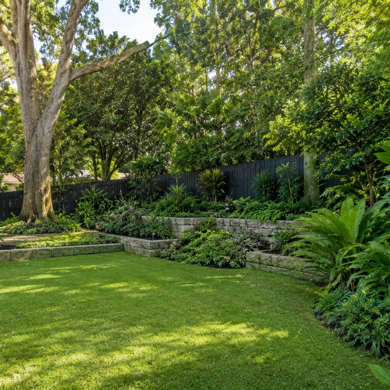 Landscaping North Shore leafy established garden with mature trees, a deck and sandstone on a sloping block