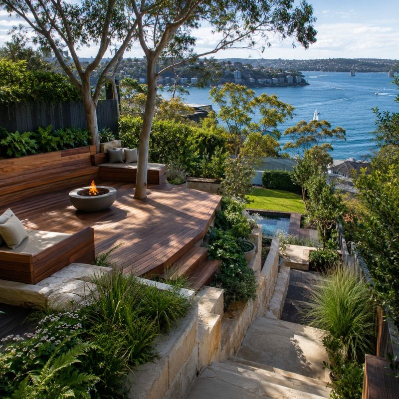 Landscaping North Sydney garden with a terraced deck, sandstone wall and harbour outlook on a steep block