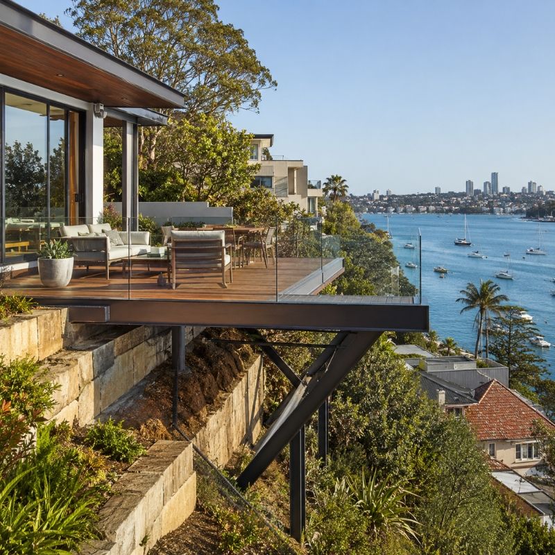 Cantilevered deck framing the harbour on a steep North Sydney block
