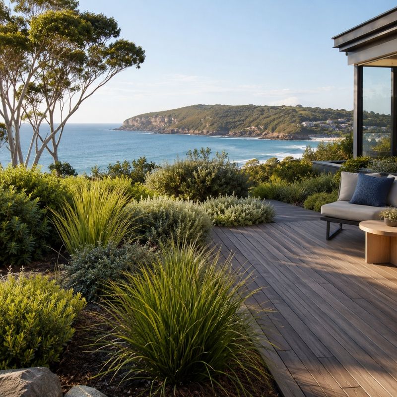 Landscaping Northern Beaches coastal garden with salt-tolerant natives, a timber deck and a headland outlook