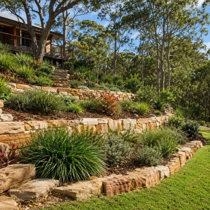 Landscaping Sutherland Shire garden with sandstone terracing and native planting on a sloping bushland block