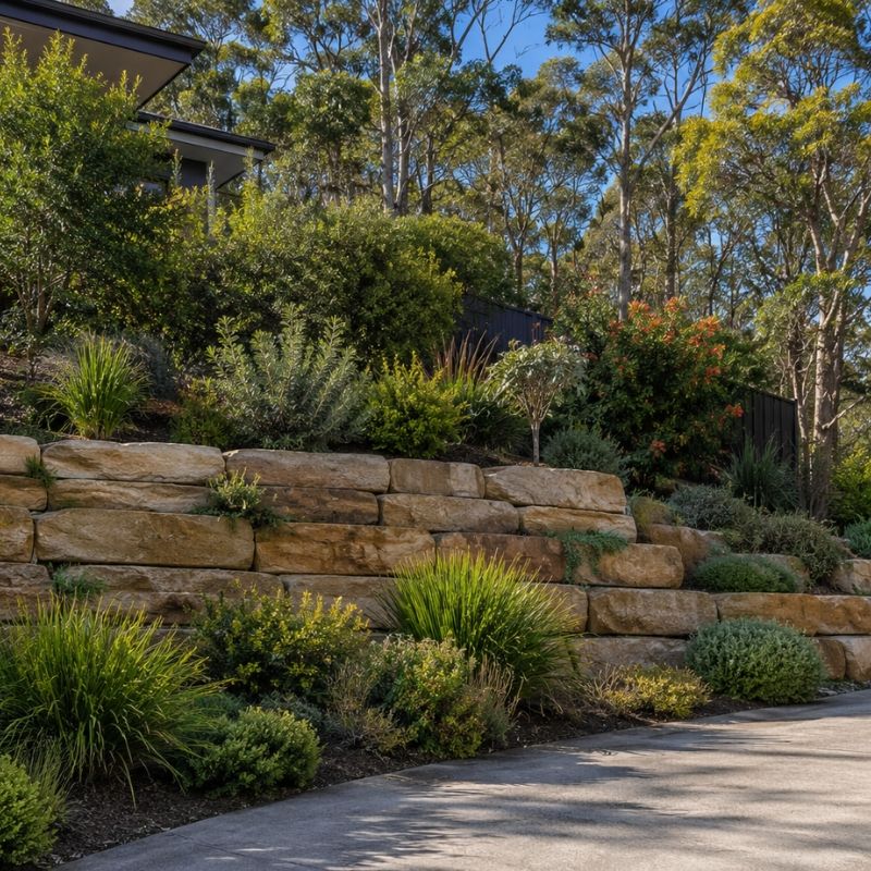 Sandstone retaining wall built into a steep Sutherland Shire block