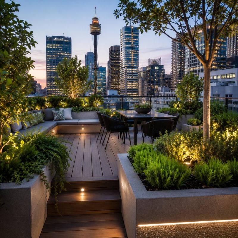Landscaping Sydney CBD rooftop garden with planters, a lightweight deck and a city skyline backdrop
