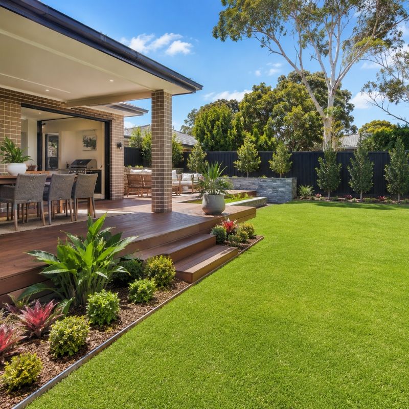 Landscaping The Hills Shire family garden with a raised deck, level lawn and mulched beds on a large clay block