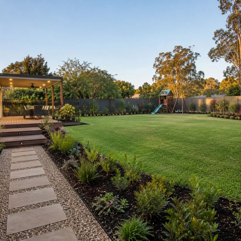 Large modern family garden landscaped on a Castle Hill block in The Hills Shire