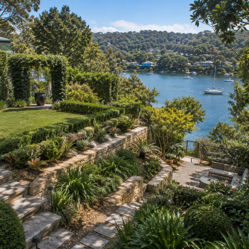 Terraced harbourside garden on a lower North Shore block
