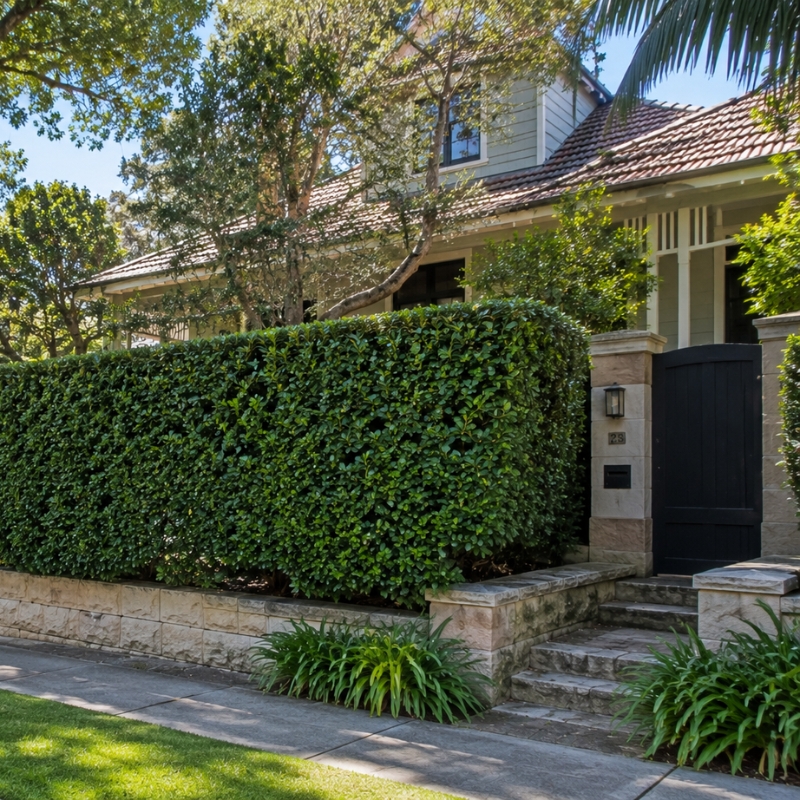 Mature formal hedge shaped in front of a North Shore home