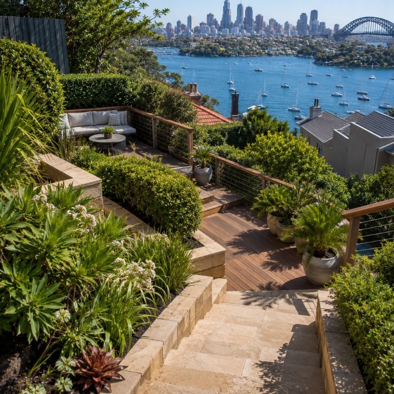 Terraced harbour-view garden on a North Sydney block