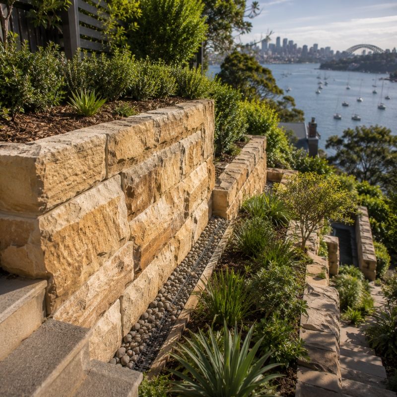 Sandstone retaining wall terracing a steep North Sydney harbour block