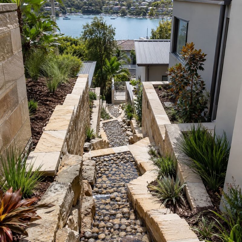 Pebble drainage line on a terraced North Sydney block