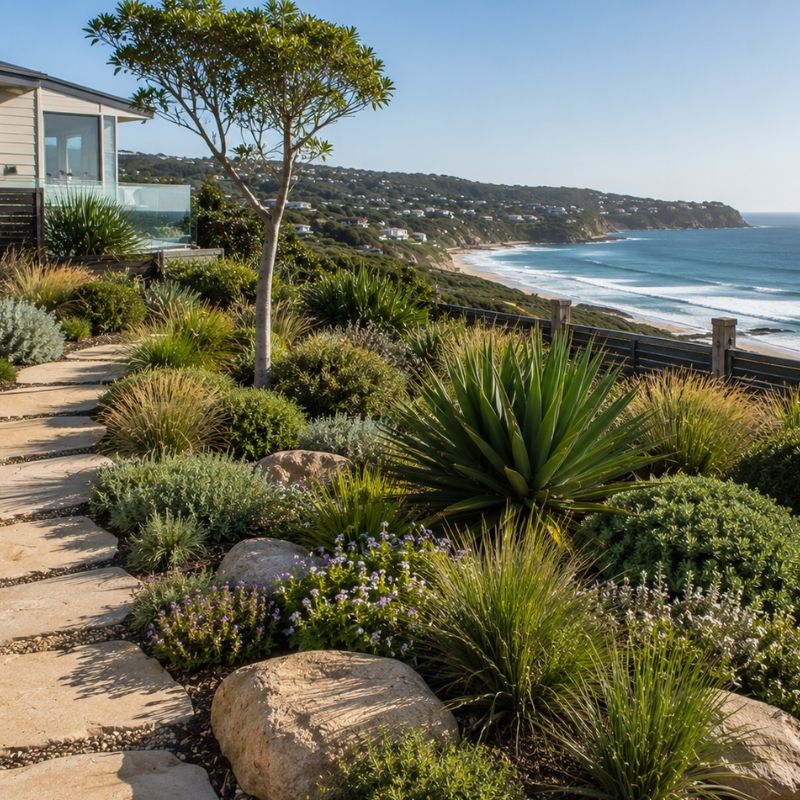 Finished coastal garden with salt-tolerant natives on the Northern Beaches