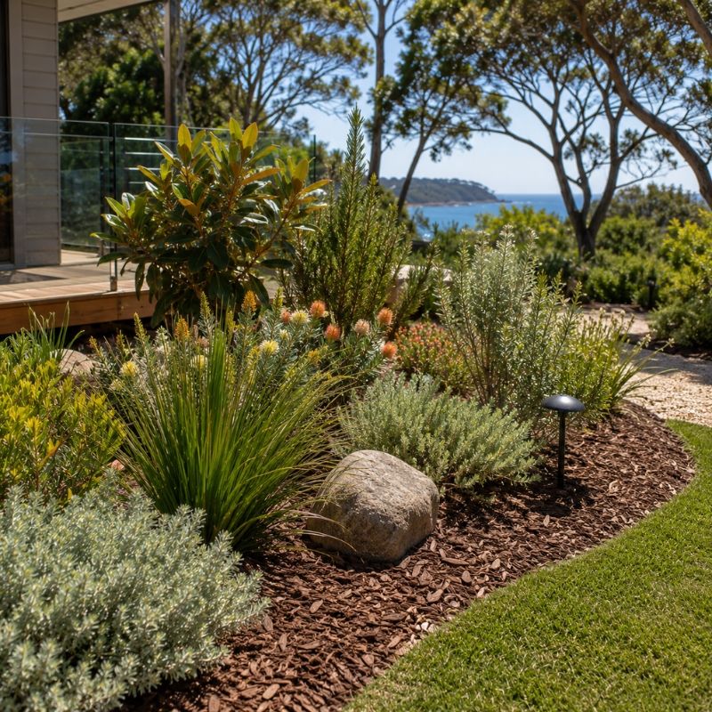 Mulched coastal native bed on a sandy Northern Beaches garden