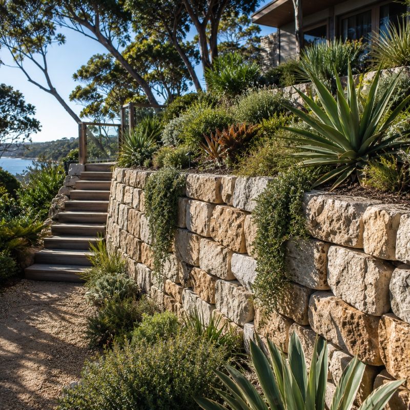 Stone retaining wall holding a sloping sandy block on the Northern Beaches
