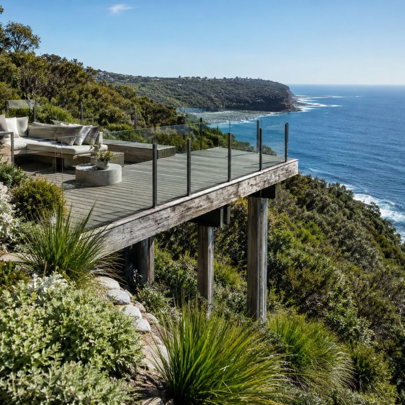 Timber deck built over a steep Northern Beaches headland with an ocean view