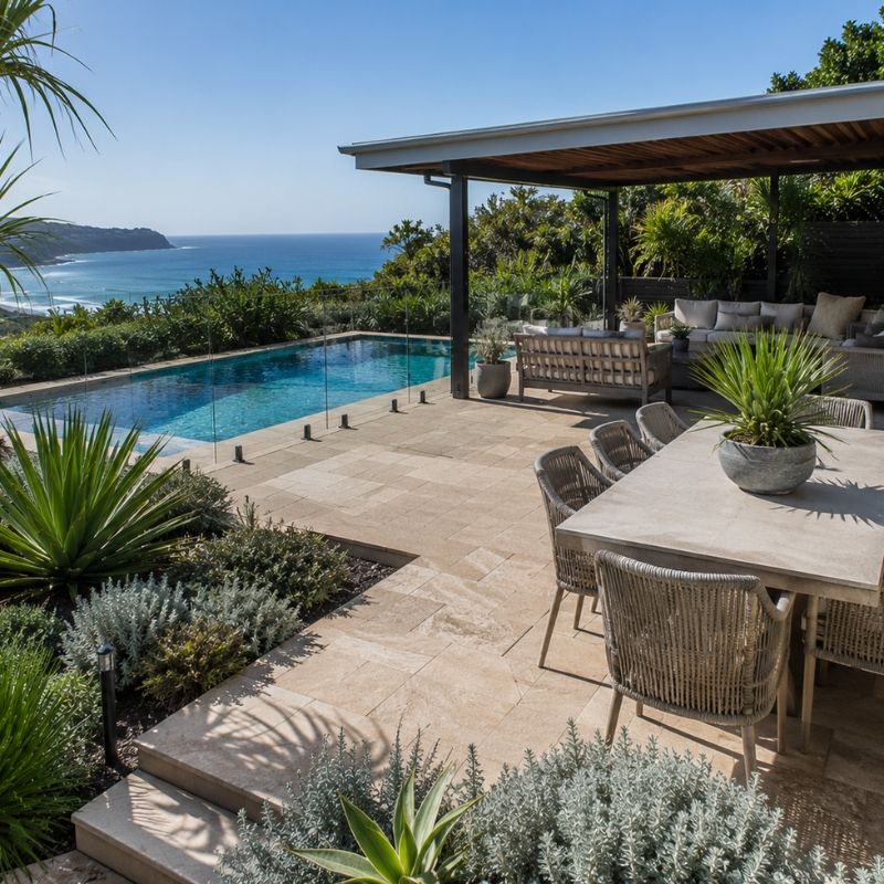 Poolside entertaining area with paving and coastal planting on a beaches block