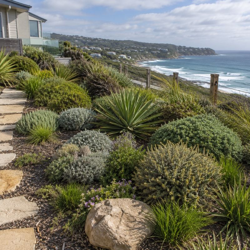 Exposed coastal garden bed on a windy Northern Beaches headland block