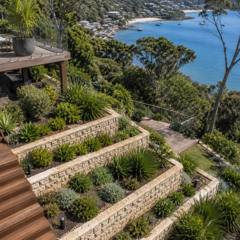 Terraced steep block stepping down toward the water on the Northern Beaches