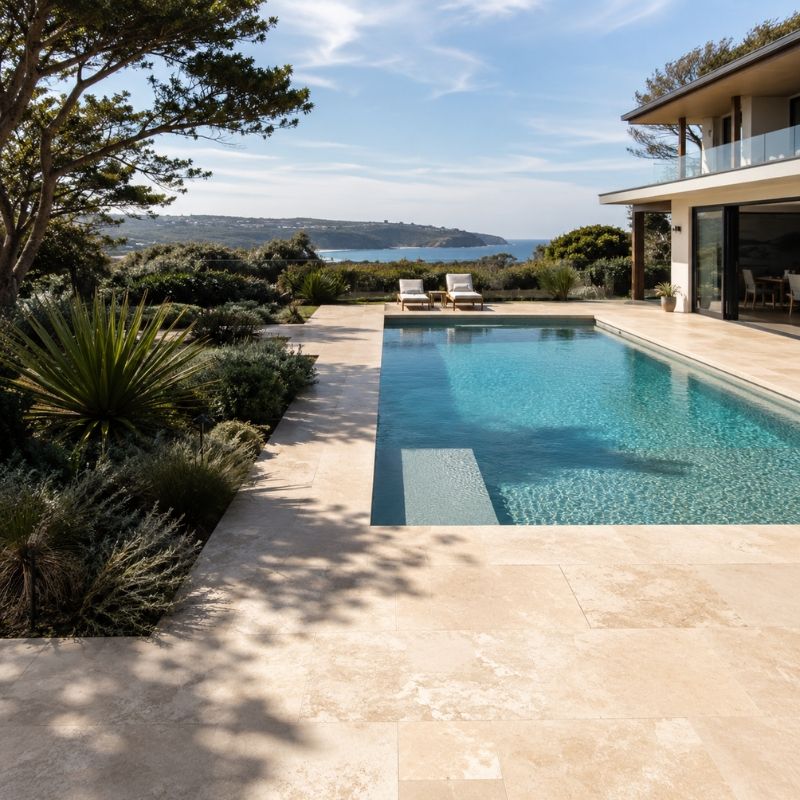 Travertine pool paving on a Northern Beaches coastal block