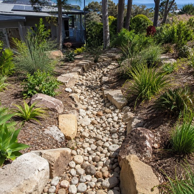 Pebble dry creek bed carrying run-off down a sloping Shire garden