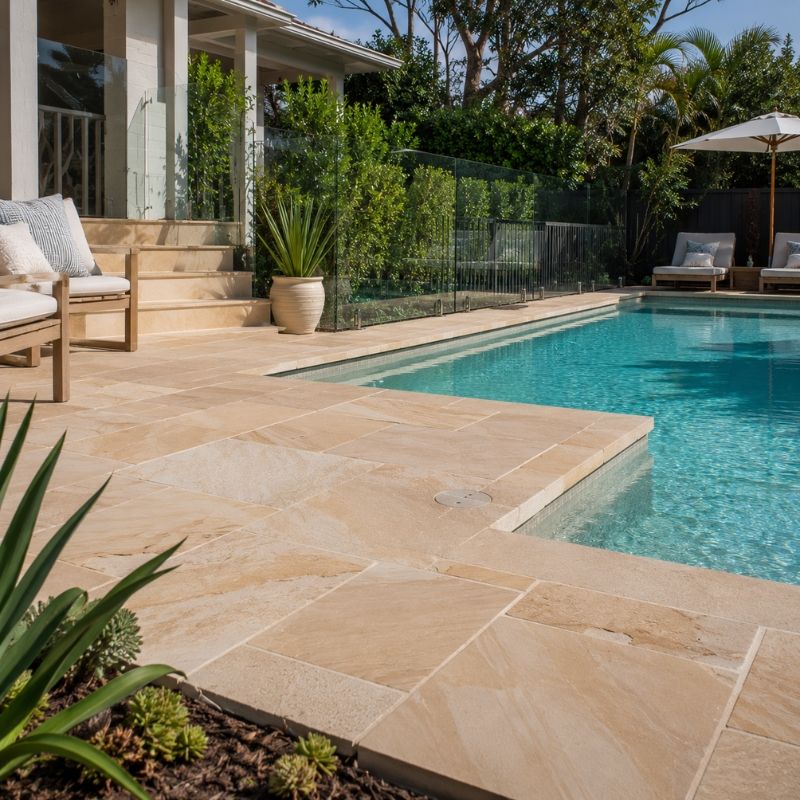 Sandstone paving around a pool on a Cronulla area block