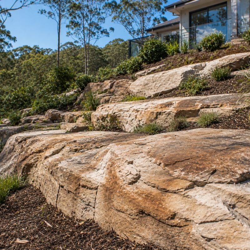 Exposed sandstone shelf across a sloping Sutherland Shire building block