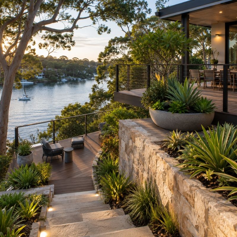 Waterfront deck and terrace on a steep Georges River block
