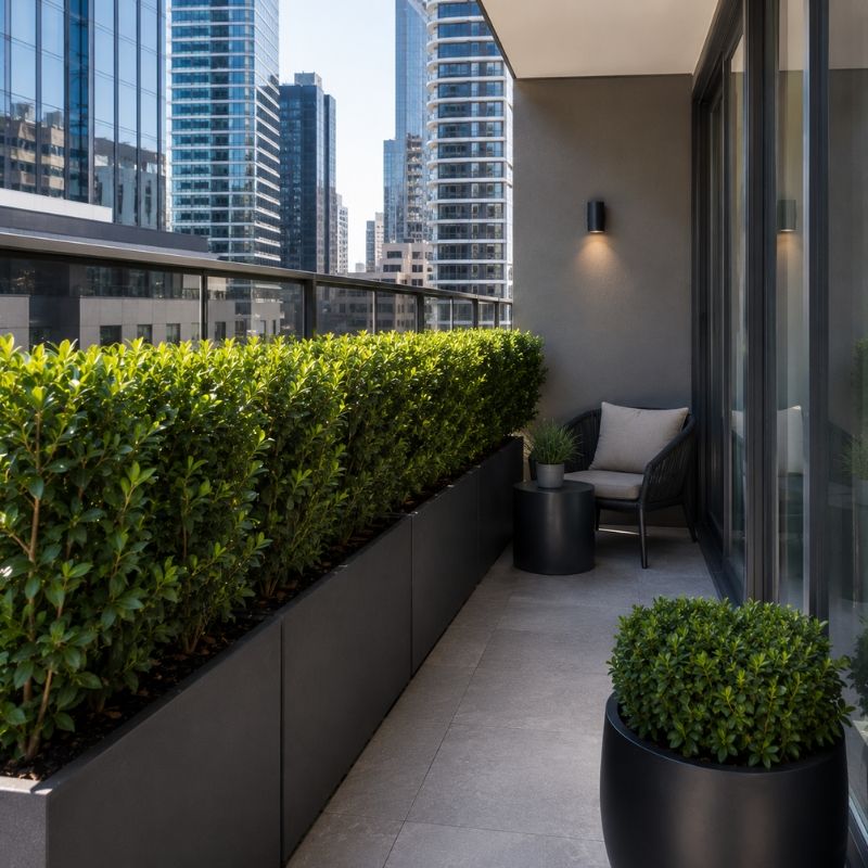 Trimmed planter hedge screening a Sydney CBD balcony