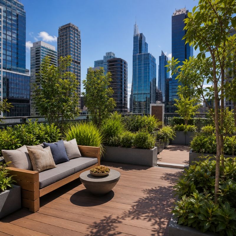 Green rooftop terrace with planters and seating in the Sydney CBD